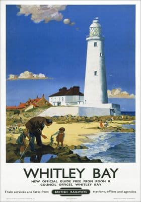 Whitley Bay, Tyne & Wear, St Marys Lighthouse. BR Vintage Travel Poster by F Donald Blake. 1951