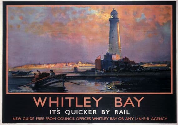 Whitley Bay, Tyne & Wear, St Marys Lighthouse. LNER Vintage Travel Poster by Frank Henry Mason. 1933