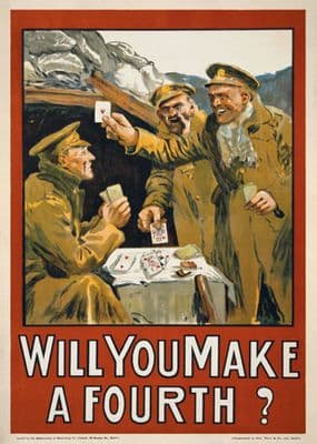 Will you make a fourth? Irish World War one poster.  Three soldiers playing cards outside a bunker. Printed in Ireland