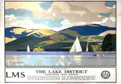 Windermere from Bowness, Lake District, Cumbria. Vintage LMS Travel poster by Norman Wilkinson