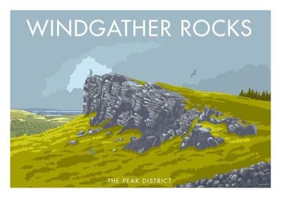 Windgather Rocks , The Dark Peak, Derbyshire.  Vintage Inspired Travel Poster by Stephen Millership