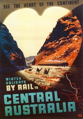 Winter Holidays by Rail to Central Australia. Vintage Travel Poster by Percy Trompf. c1959