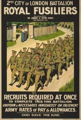 WW1 poster. 2nd City of London Battalion, Royal Fusiliers. Recruits required at once to complete this fine battalion