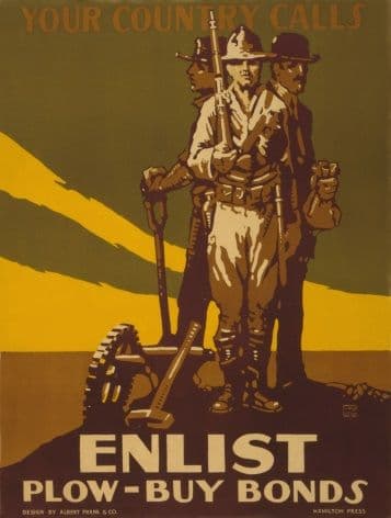 Your country calls Enlist : Plow - buy bonds. Vintage American WW1 Poster.