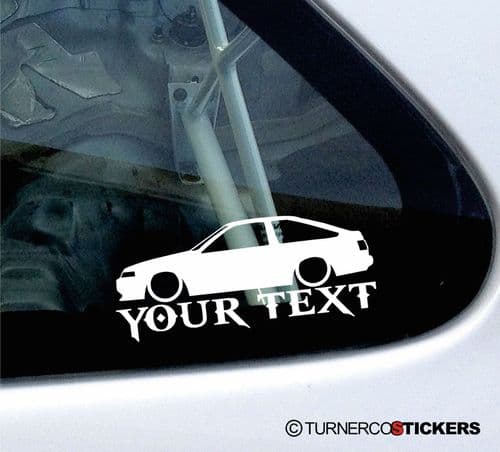 2x Custom YOUR TEXT Lowered car stickers - Toyota Sprinter Trueno GT Apex AE86