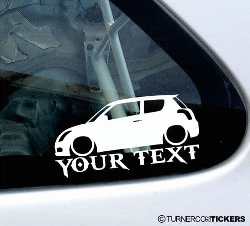 2x Lowered Suzuki Swift Sport (2004–2010) CUSTOM TEXT car silhouette stickers