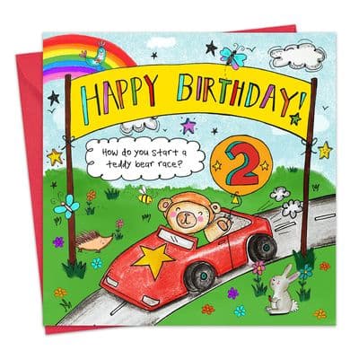 Age 2 Children's Happy Birthday Card - Teddy Bear Race