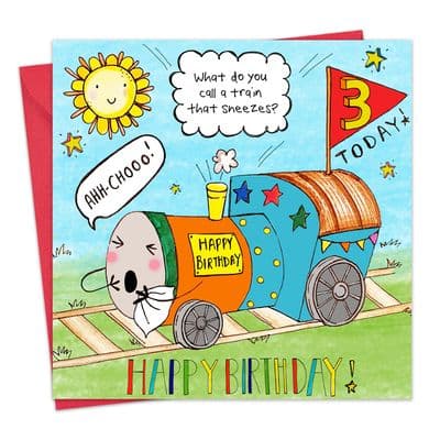 Age 3 Children's Happy Birthday Card - Sneezing Train