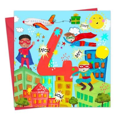 Age 4 Boys Birthday Card - 4th - Superheroes