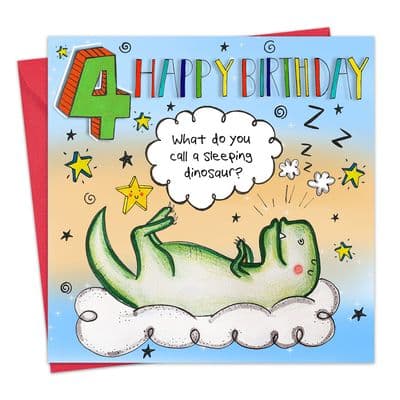 Age 4 Children's Happy Birthday Card - Sleeping Dinosaur
