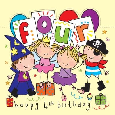 Age 4 Sparkly Birthday Card for Children, Pirate, Fairy, Wizard Ballerina Party