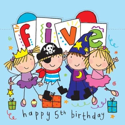 Age 5 Sparkly Birthday Card for Children, Pirate, Fairy, Wizard Ballerina Party