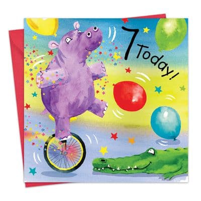 Age 7 Birthday Card - Unicycle Hippo