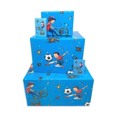 Boys Wrapping Paper - Blue Football Bikes - 2 Sheets & 2 Tags - Children's Happy Birthday Gift Wrap