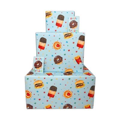Boys Wrapping Paper - Blue Yummy Food - 2 Sheets & 2 Tags & Matching Birthday Card - Children's
