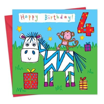 Children's Birthday Card age 4 Zebra