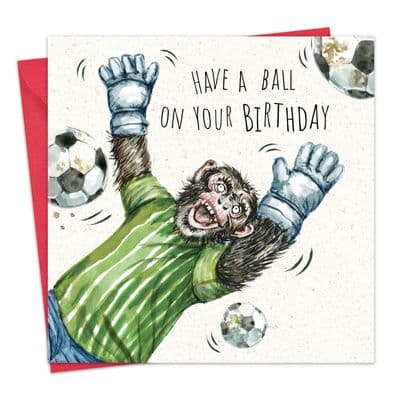 Funny Football Birthday Card For Him - Goalie Chimp