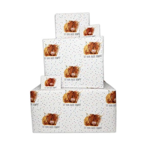 Funny Women's Wrapping Paper. Humour Birthday Gift Wrap. Scottish Highland Cow Scotland