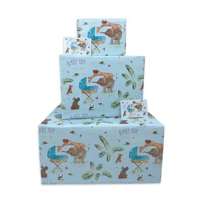 New Baby Boy Wrapping Paper - Blue Jungle Animals - 6 Sheets & 6 Tags & Matching Greeting Card