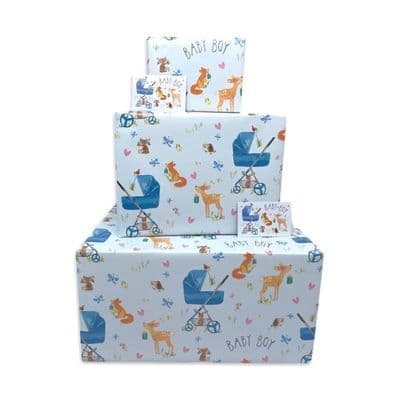 New Baby Boy Wrapping Paper - Blue Woodland Animals - 4 Sheets & 4 Tags & Matching Greeting Card
