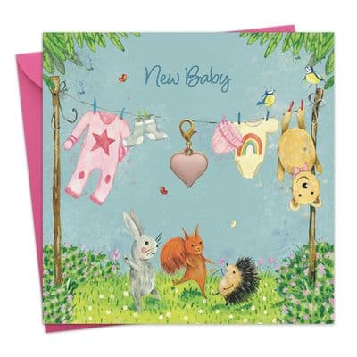New Baby Girl Card & Gift with Detachable Pink Heart Charm