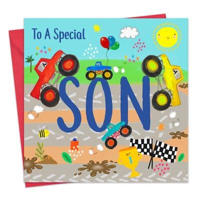 Son Birthday Card for Boys - Monster Trucks