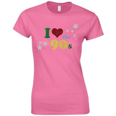 I Love The 90s Ladies Fitted T-Shirt - Women Fancy Dress Glitter Print Party Top