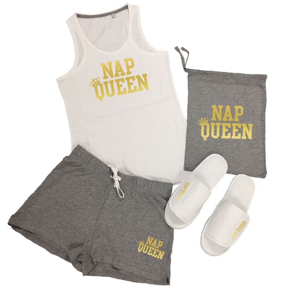 Nap Queen Vest Top & Shorts Pyjamas Set - Lazy Napping PJs Add Slippers ...