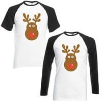 Rudolph Reindeer Face Baseball T-Shirt - Christmas Retro Rudolf Xmas Gift Top