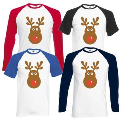 Rudolph Reindeer Face Baseball T-Shirt - Christmas Retro Rudolf Xmas Gift Top
