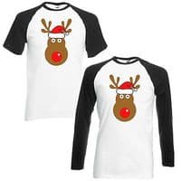Rudolph Reindeer Face Santa Hat Baseball T-Shirt - Retro Cute Christmas Top