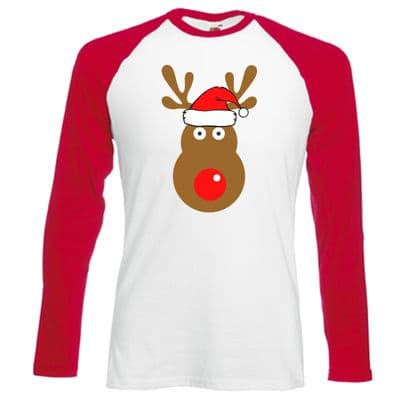 Rudolph Reindeer Face Santa Hat Baseball T-Shirt - Retro Cute Christmas Top