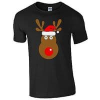 Rudolph Reindeer Face Santa Hat T-Shirt - Retro Cute Christmas Kids Mens Top