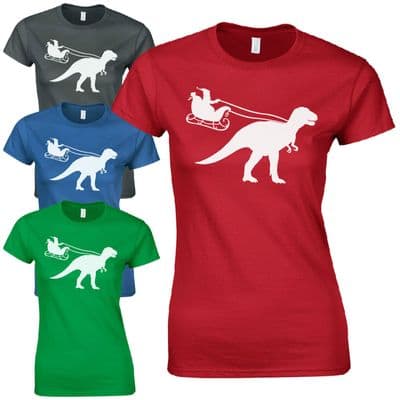 Santa Sleigh Dinosaur Ladies Fitted T-Shirt Funny T-Rex Jurassic Christmas Gift