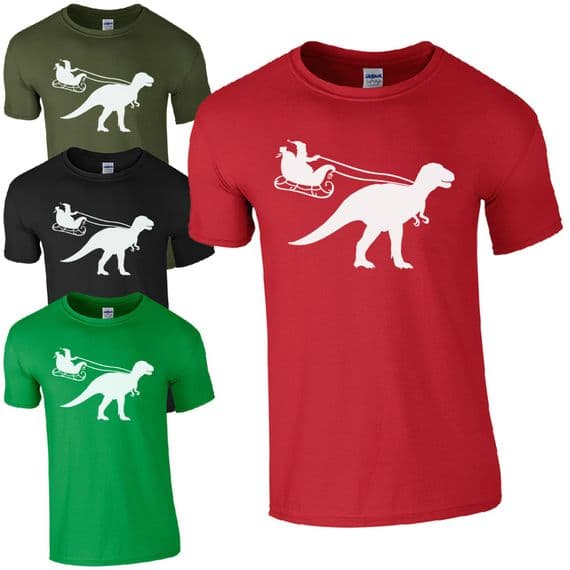 Santa Sleigh Dinosaur T-Shirt Funny T-Rex Jurassic Christmas Gift Kids Mens Top