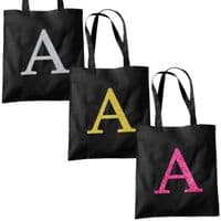 Single Letter GLITTER Printed Black Tote Bag - Alphabet A-Z Initial Shopper Bags