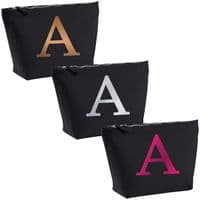 Single Letter METALLIC Printed Black Make Up Wash Bag - Alphabet A-Z Initial