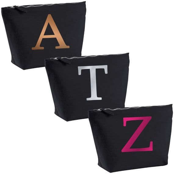 Single Letter METALLIC Printed Black Make Up Wash Bag - Alphabet A-Z Initial