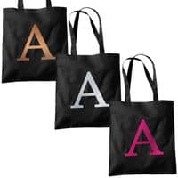 Single Letter METALLIC Printed Black Tote Bag - Alphabet A-Z Initial Shopper