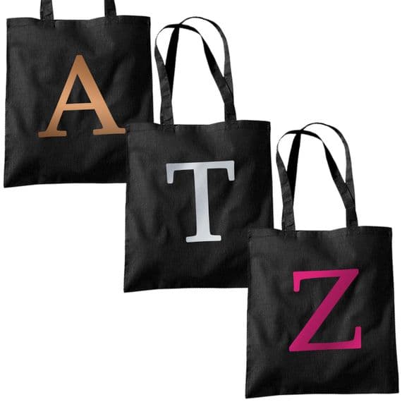 Single Letter METALLIC Printed Black Tote Bag - Alphabet A-Z Initial Shopper