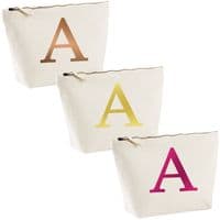 Single Letter METALLIC Printed Natural Make Up Wash Bag - Alphabet A-Z Initial