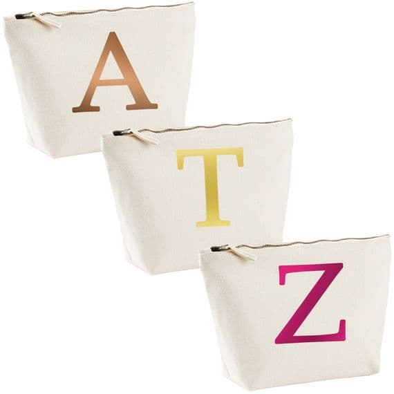 Single Letter METALLIC Printed Natural Make Up Wash Bag - Alphabet A-Z Initial