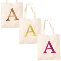 Single Letter METALLIC Printed Natural Tote Bag - Alphabet A-Z Initial Shopper