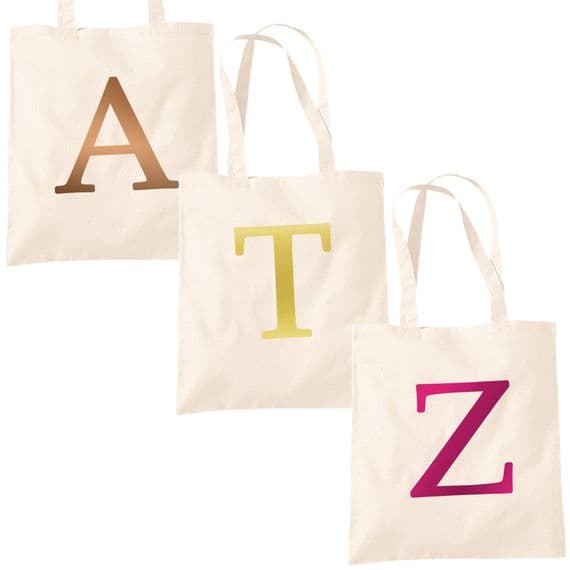 Single Letter METALLIC Printed Natural Tote Bag - Alphabet A-Z Initial Shopper