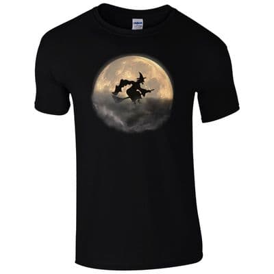 Witch Halloween Spooky Moon T-Shirt - Broomstick Flying Night Sky Mens Gift Top