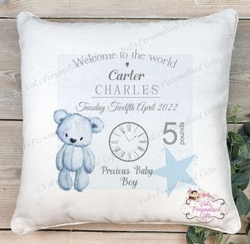 New Baby Blue Teddy Star Birth Cushion