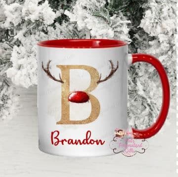 Personalised Christmas Red Handle initial Reindeer Mug