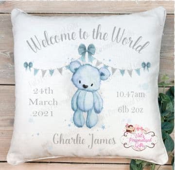 Welcome To The World Blue Teddy Cushion
