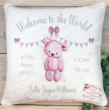 Welcome To The World Pink Teddy Cushion