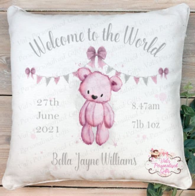 Welcome To The World Pink Teddy Cushion